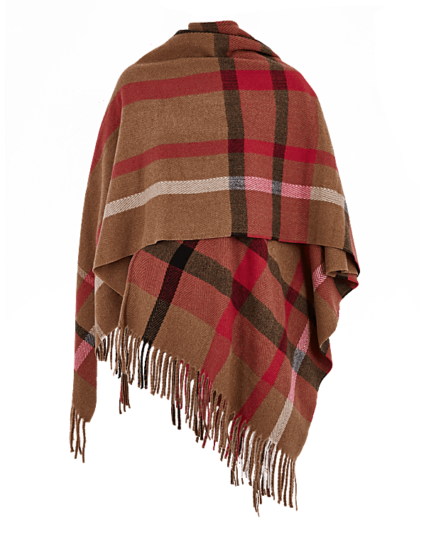 Woven Checked Tassel Poncho