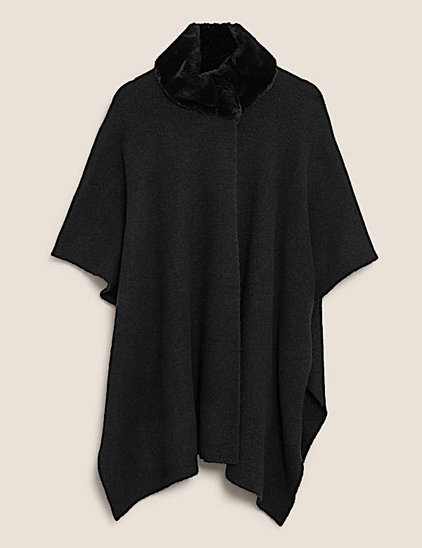 Knitted Faux Fur Collar Poncho