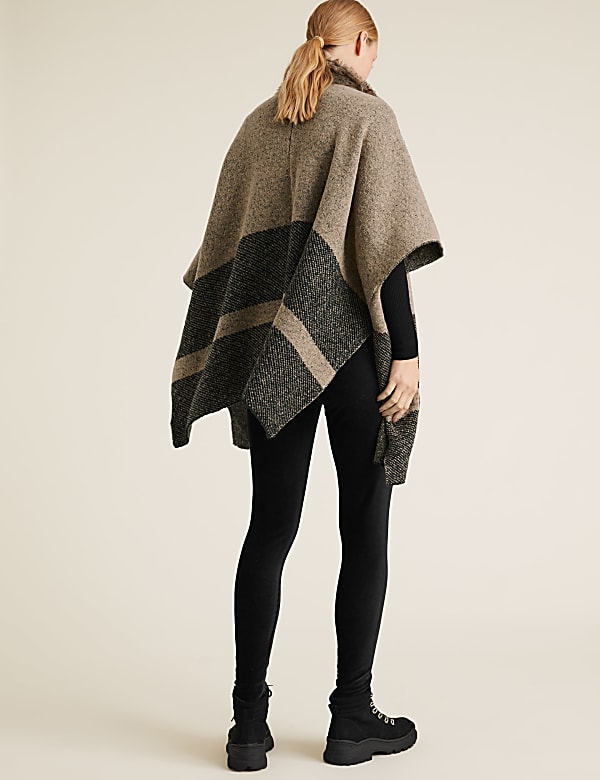 Knitted Striped Faux Fur Collar Poncho
