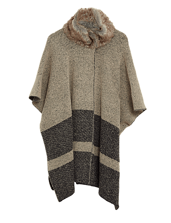 Knitted Striped Faux Fur Collar Poncho
