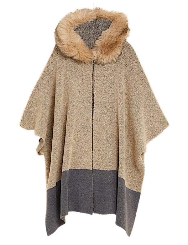 Faux Fur Trim Hooded Poncho