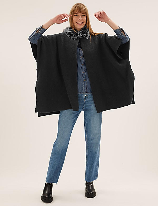 Faux Fur Trim Hooded Poncho