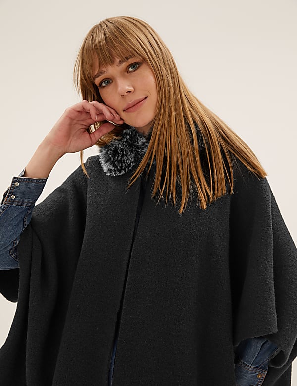 Faux Fur Trim Hooded Poncho
