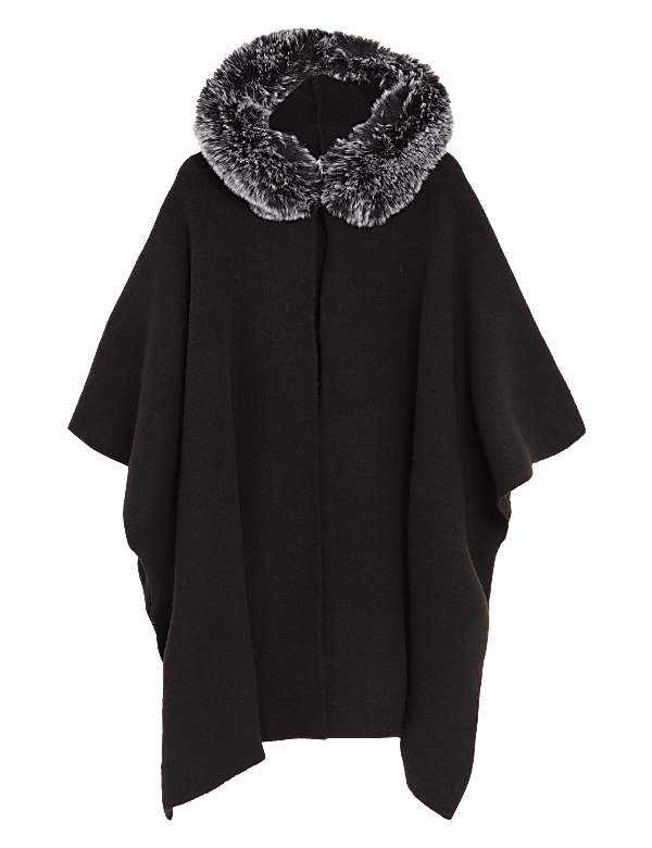 Faux Fur Trim Hooded Poncho