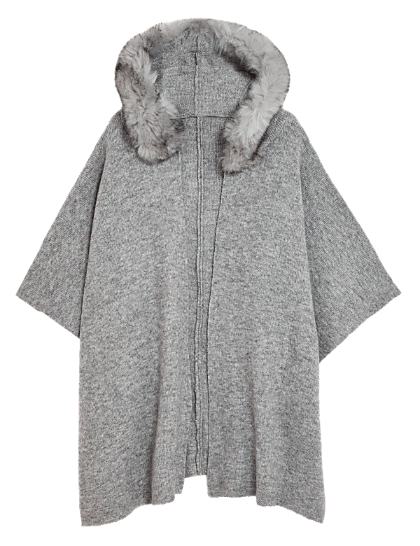 Hooded Faux Fur Trim Poncho