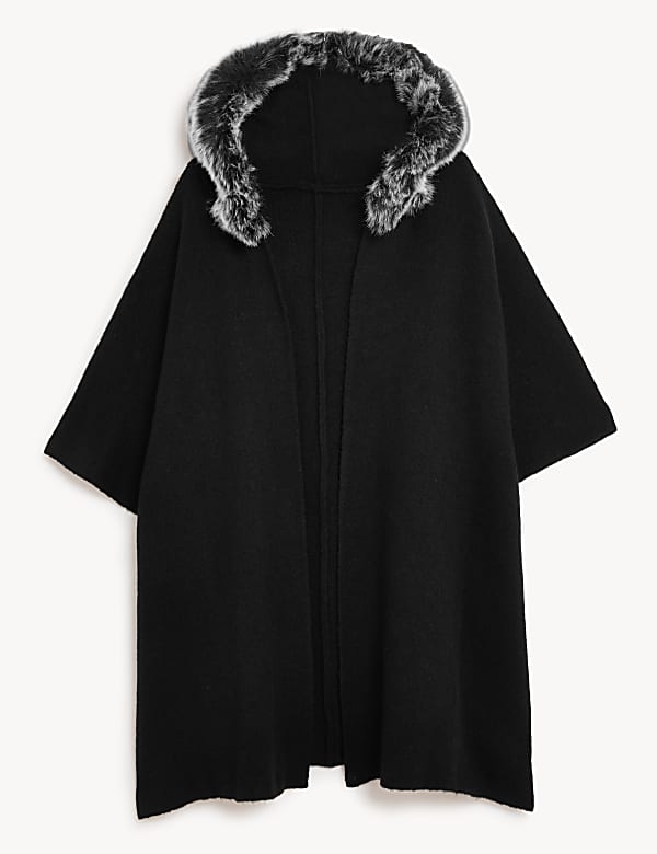 Hooded Faux Fur Trim Poncho