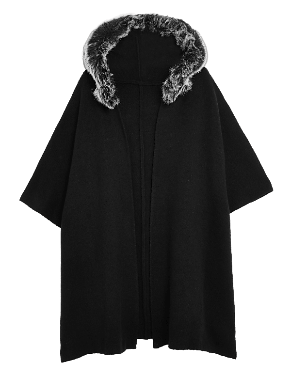 Hooded Faux Fur Trim Poncho
