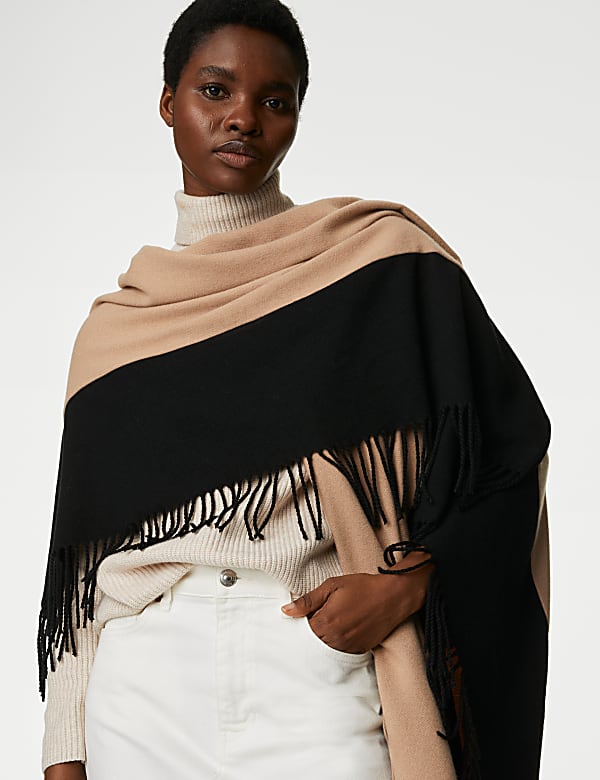 Woven Colour Block Tassel Poncho