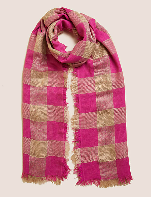 Checked Fringed Scarf with Wool
