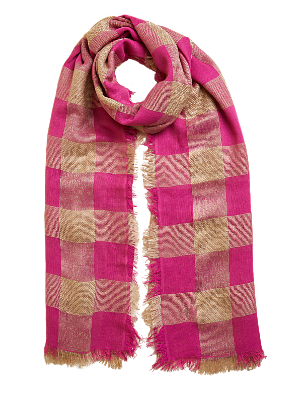 Checked Fringed Scarf with Wool