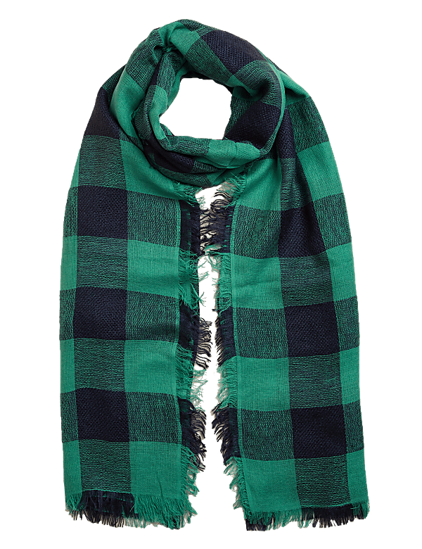Checked Fringed Scarf with Wool