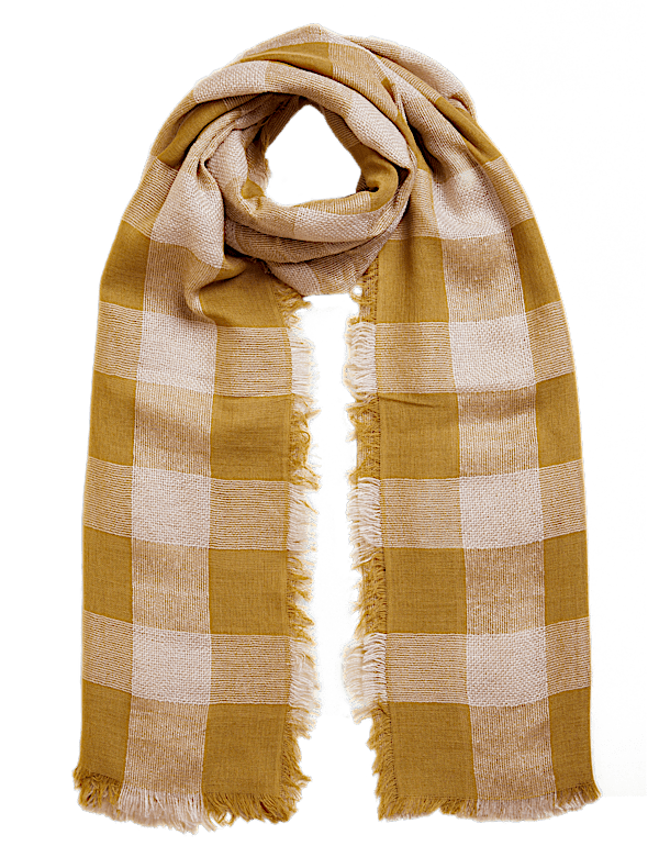 Checked Fringed Scarf with Wool