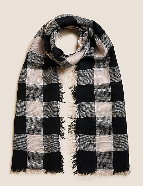 Checked Fringed Scarf with Wool