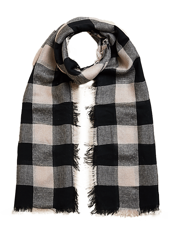 Checked Fringed Scarf with Wool