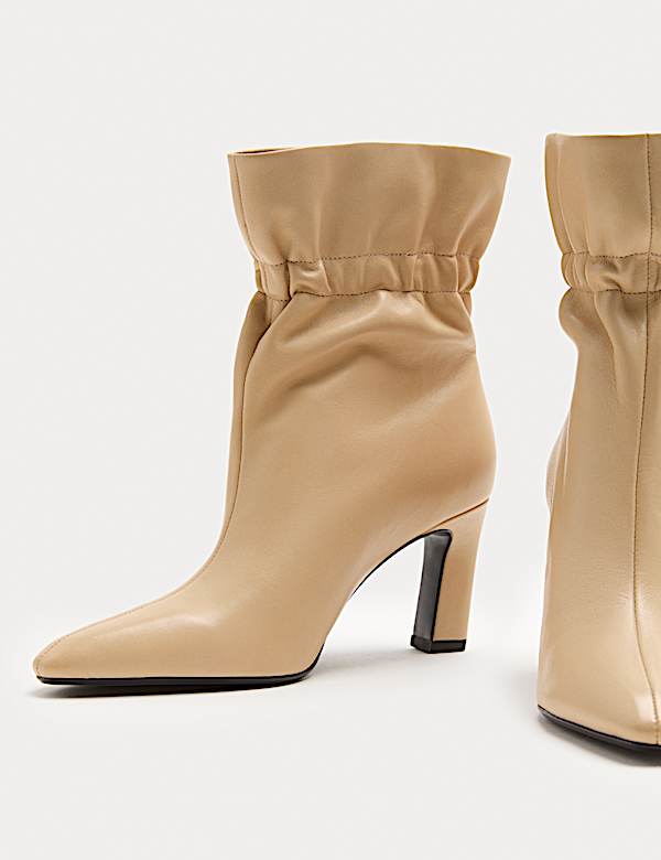 Leather Ruched Block Heel Ankle Boots - AT