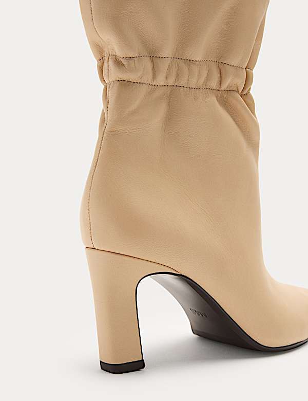 Leather Ruched Block Heel Ankle Boots - AT