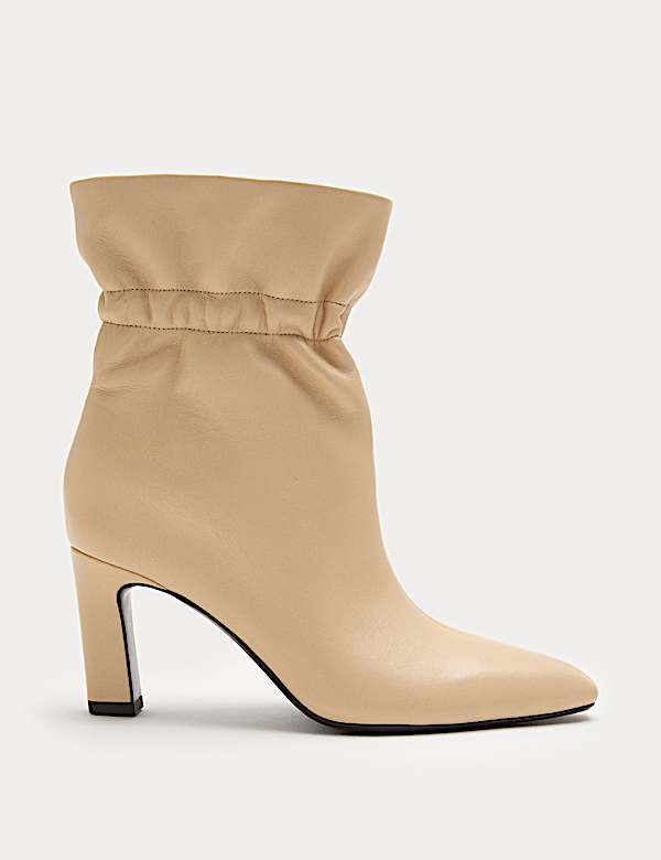 Leather Ruched Block Heel Ankle Boots - AT