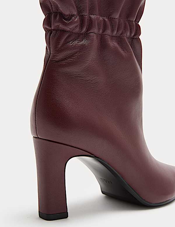 Leather Ruched Block Heel Ankle Boots - CZ
