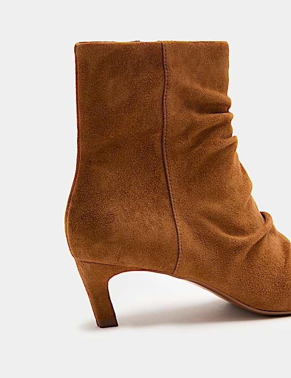Suede Ruched Kitten Heel Pointed Ankle Boots - BN