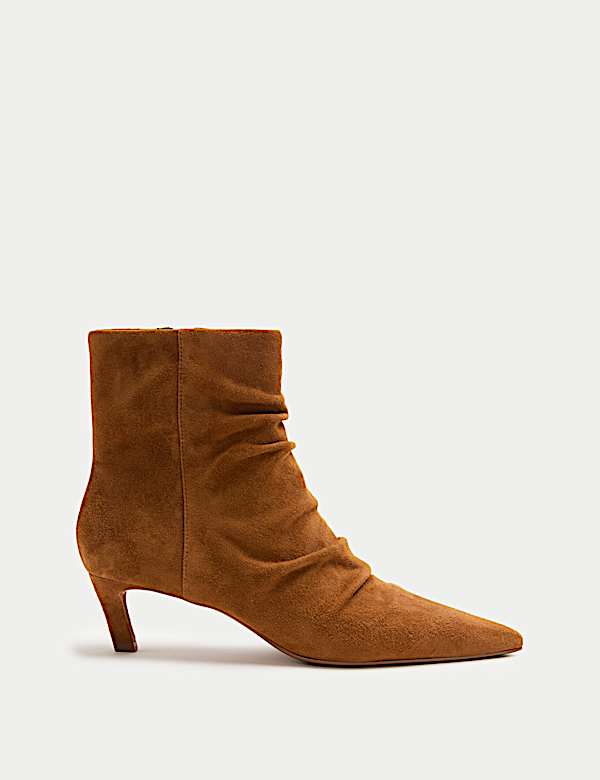 Suede Ruched Kitten Heel Pointed Ankle Boots - BN