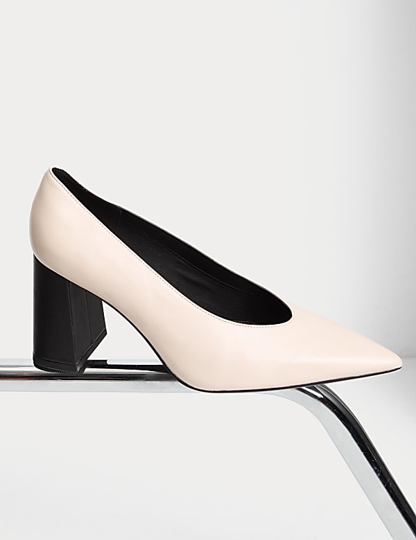 Leather Block Heel Court Shoes