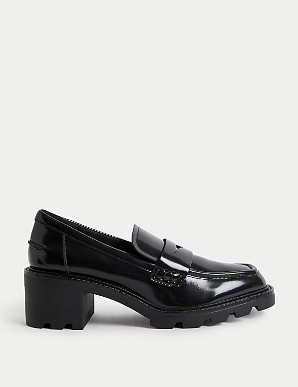 Leather Patent Slip On Block Heel Loafers - BE