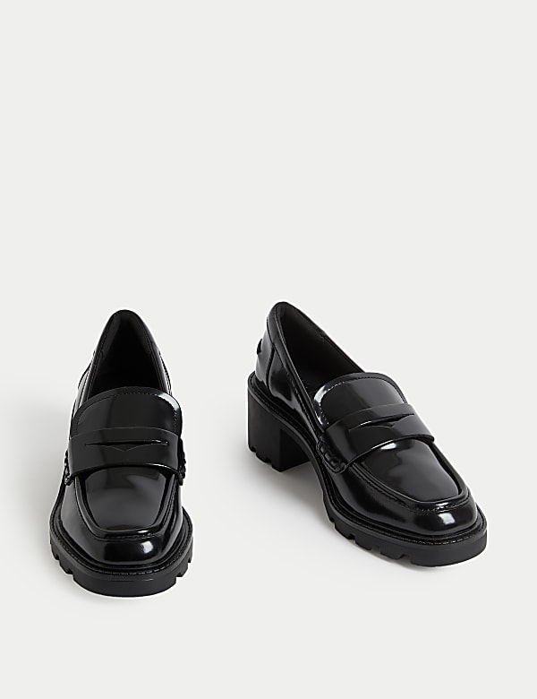 Leather Patent Slip On Block Heel Loafers - FR