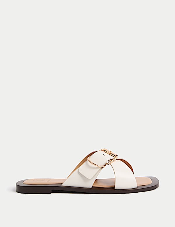 Leather Buckle Flat Square Toe Mules - LT