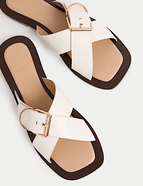 Leather Buckle Flat Square Toe Mules - LT