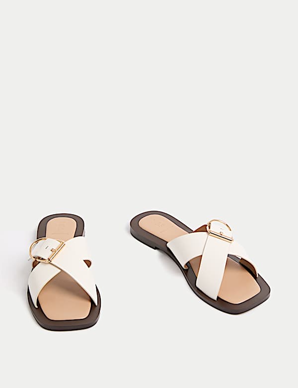 Leather Buckle Flat Square Toe Mules - LT