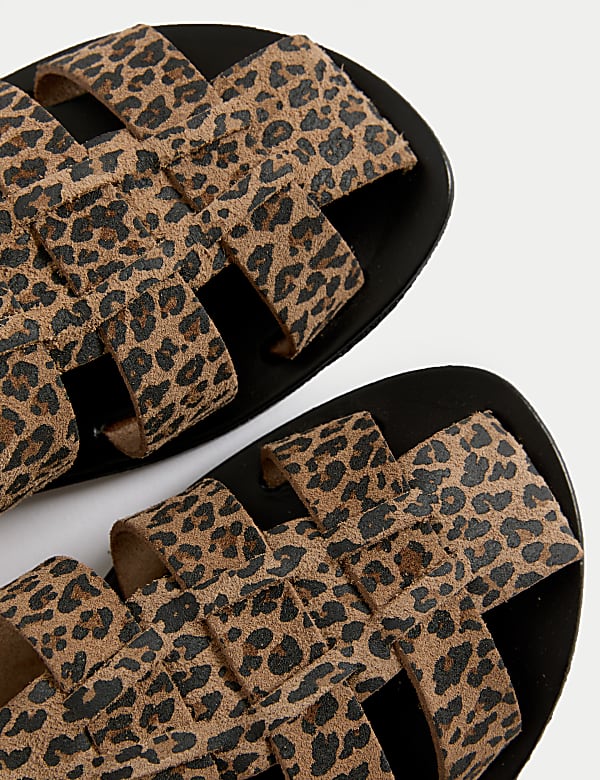 Suede Leopard Print Buckle Flat Sandals - FR