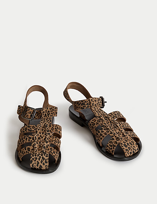Suede Leopard Print Buckle Flat Sandals - FR