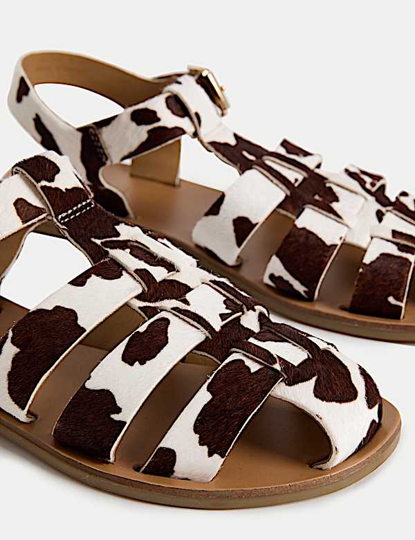 Leather Cow Print Ankle Strap Fisherman Sandals - DE