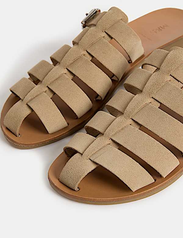 Suede Buckle Flat Mules - BG
