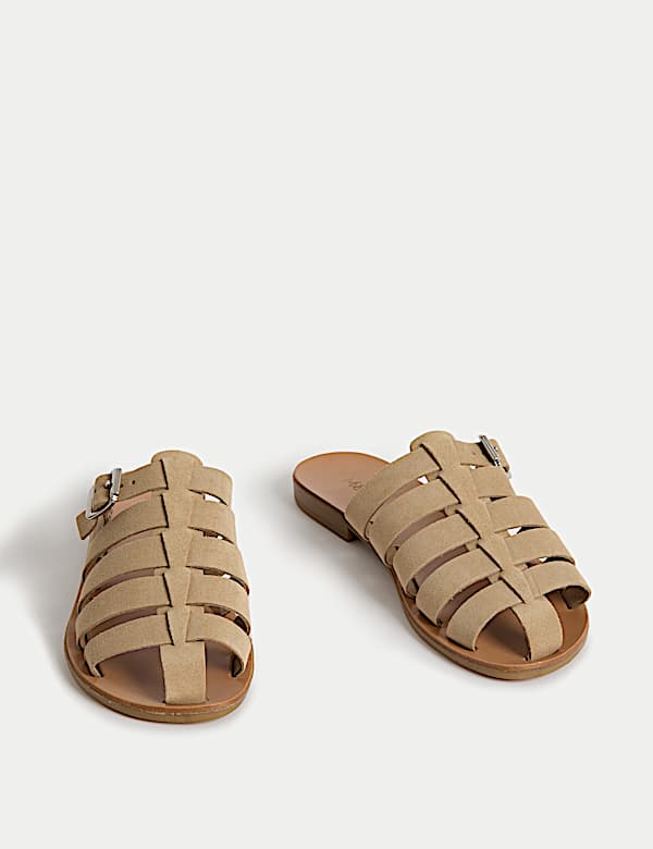 Suede Buckle Flat Mules - BG