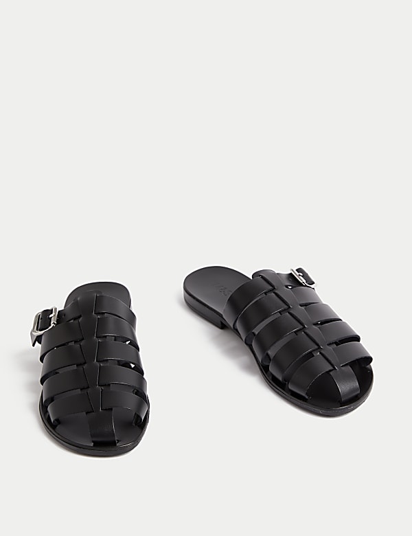 Leather Buckle Flat Mules - IT