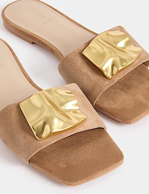 Suede Gold Detail Flat Mule Sandal - NL