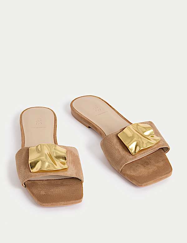 Suede Gold Detail Flat Mule Sandal - NL