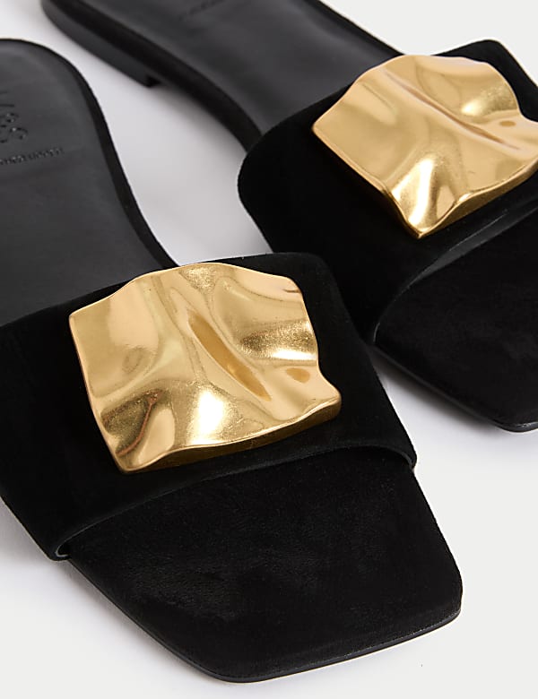 Suede Gold Detail Flat Mule Sandal - LV