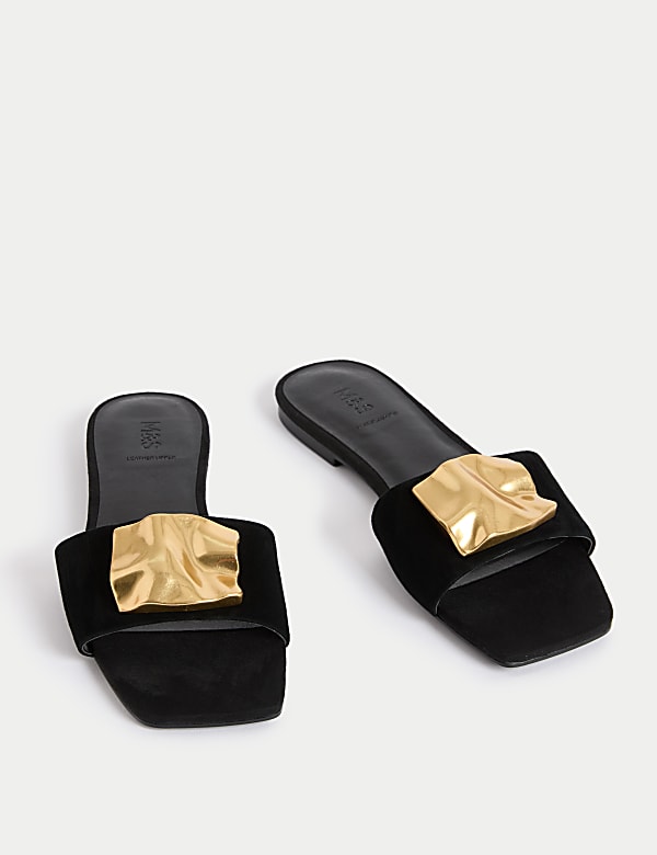 Suede Gold Detail Flat Mule Sandal - LV