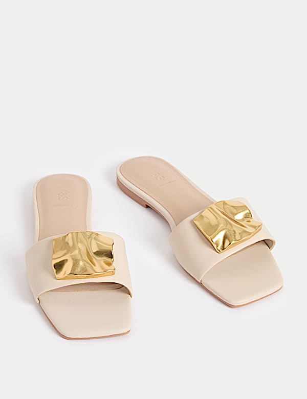 Leather Gold Detail Flat Mule Sandals - NZ