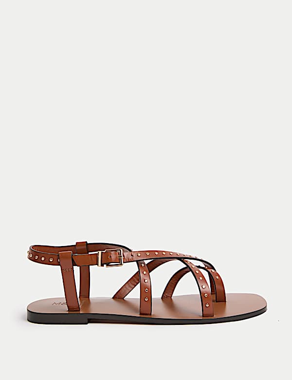 Leather Studded Ankle Strap Flat Sandals - DE