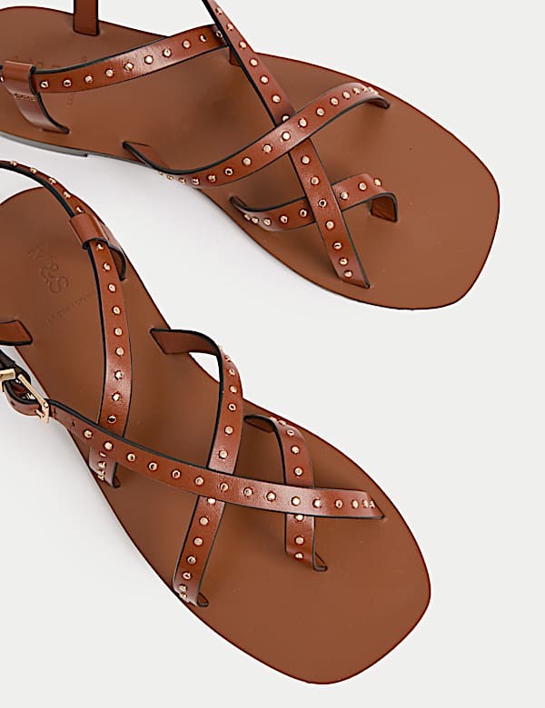 Leather Studded Ankle Strap Flat Sandals - JO