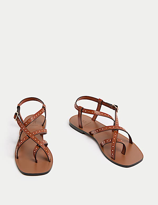 Leather Studded Ankle Strap Flat Sandals - JO