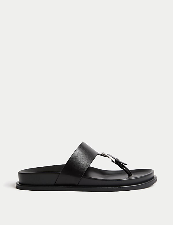 Leather Look Buckle Footbed Toe Thong Sandals - NL