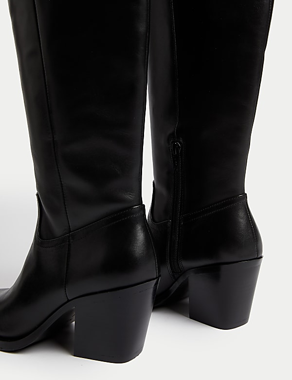 Leather Cowboy Block Heel Knee High Boots - VN