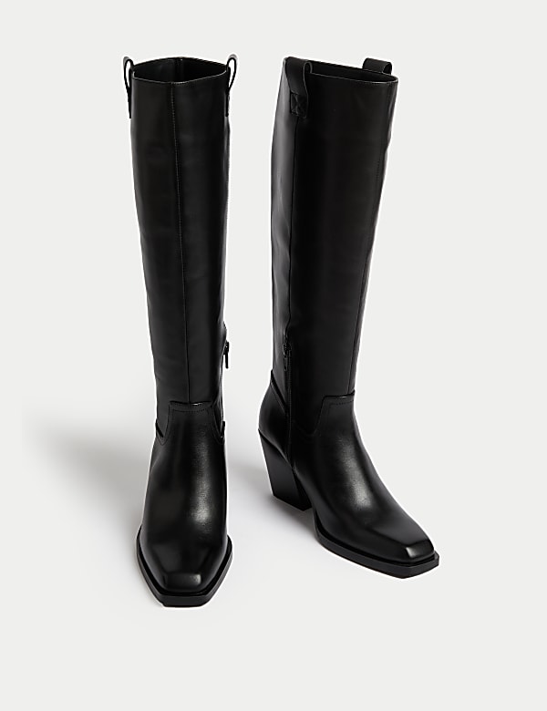 Leather Cowboy Block Heel Knee High Boots - VN