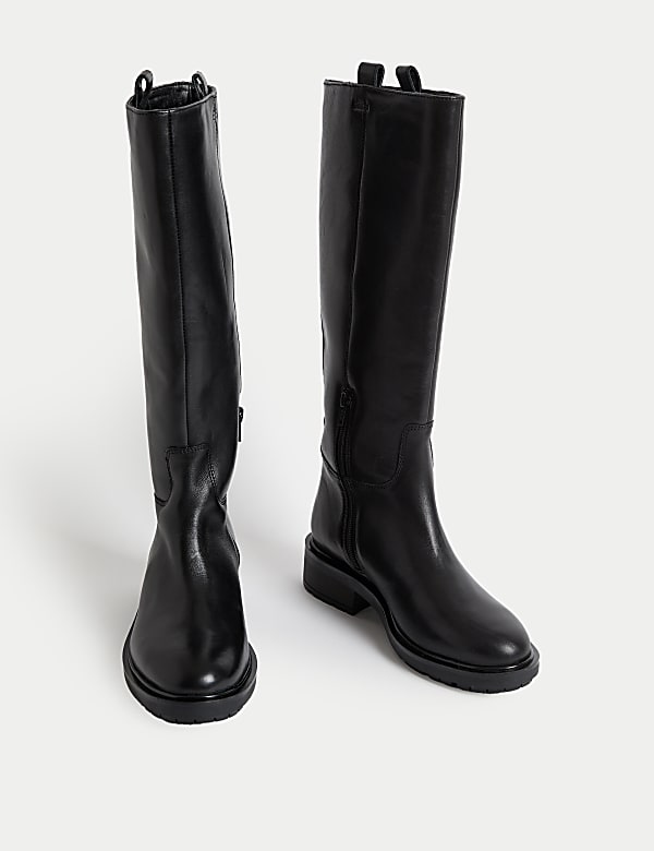 Leather Flat Knee High Boots - JE
