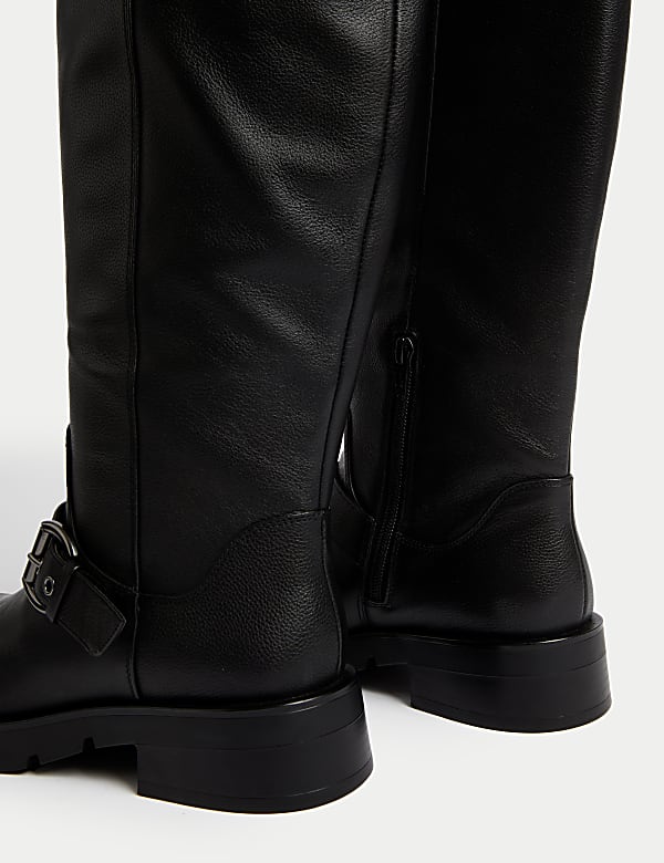 Wide Fit Leather Biker Knee High Boots - BG