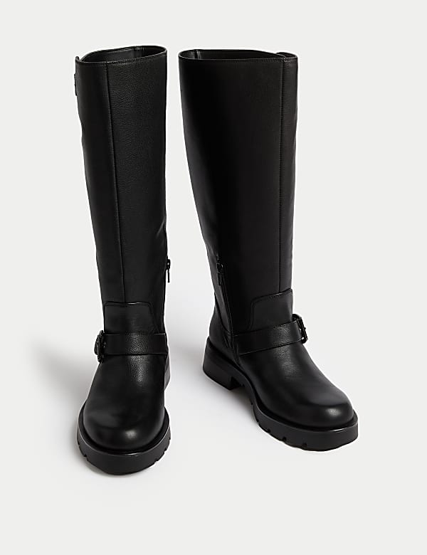 Wide Fit Leather Biker Knee High Boots - BG